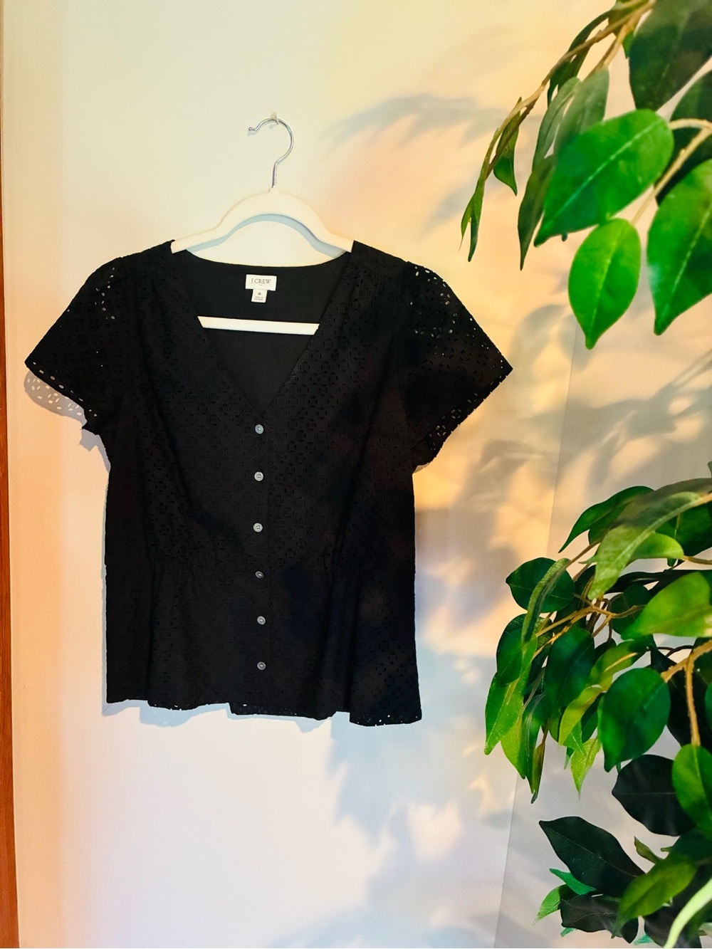 J. Crew Black Eyelet Button-Front V-Neck Blouse Size 8